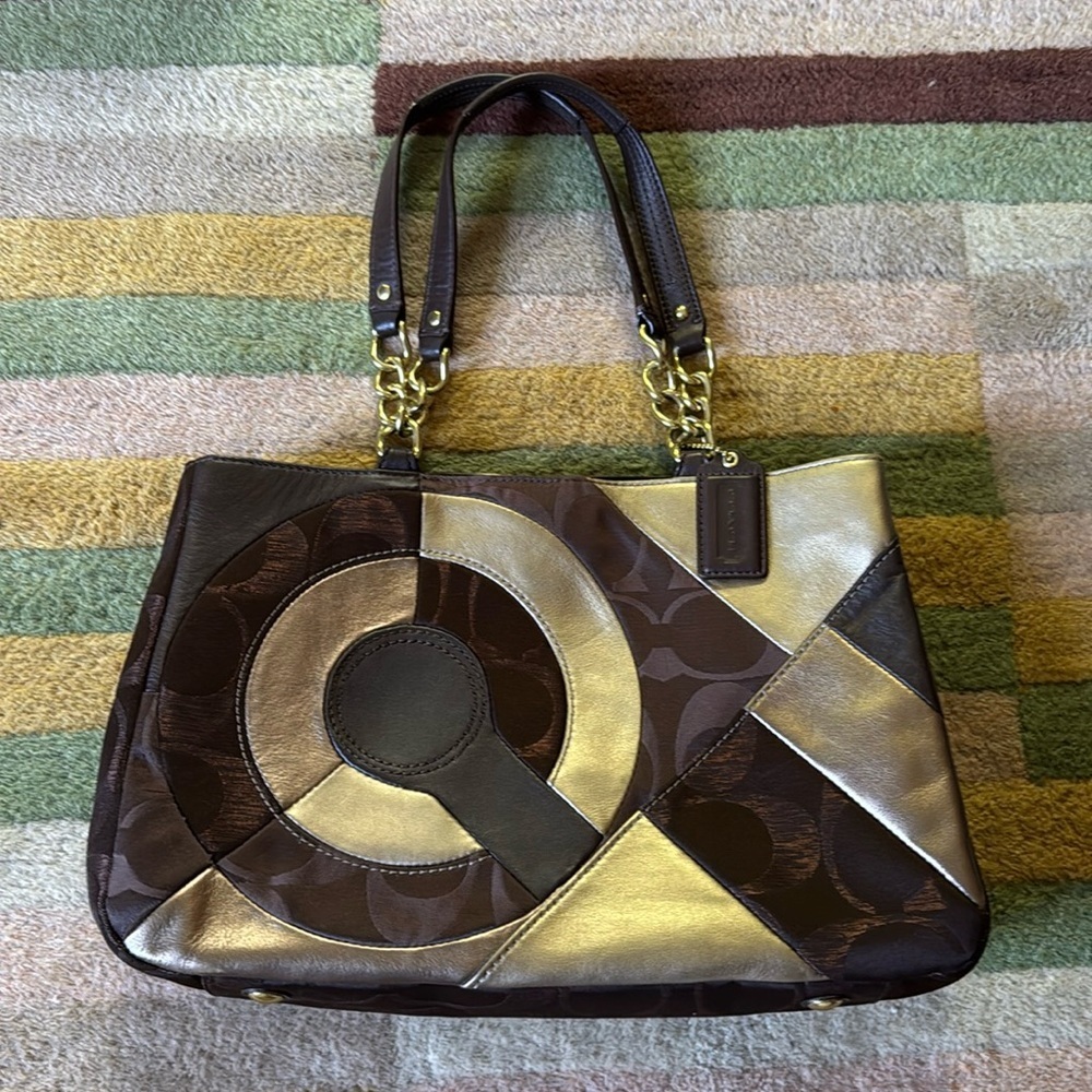 Coach Inlaid Brown Gold Patchwork Leather Chain Tote Bag F20013 - Picture 2 of 13